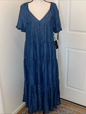Tracy Evans Deep Blue V-Neck Tiered Maxi Dress Size L